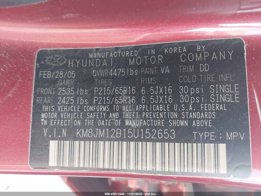 KM8JM12B15U152653 2005 HYUNDAI TUCSON photo no. 9