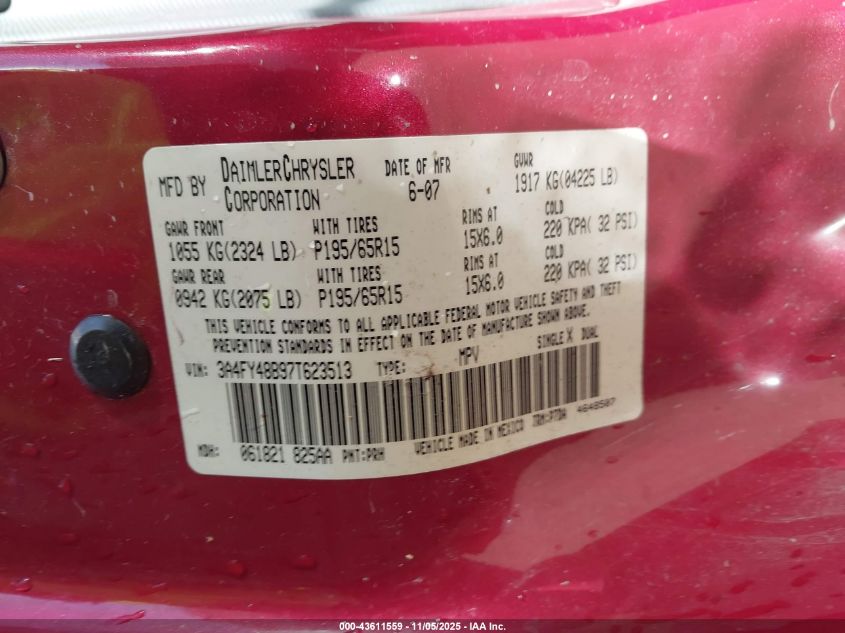 2007 Chrysler Pt Cruiser VIN: 3A4FY48B97T623513 Lot: 43611559