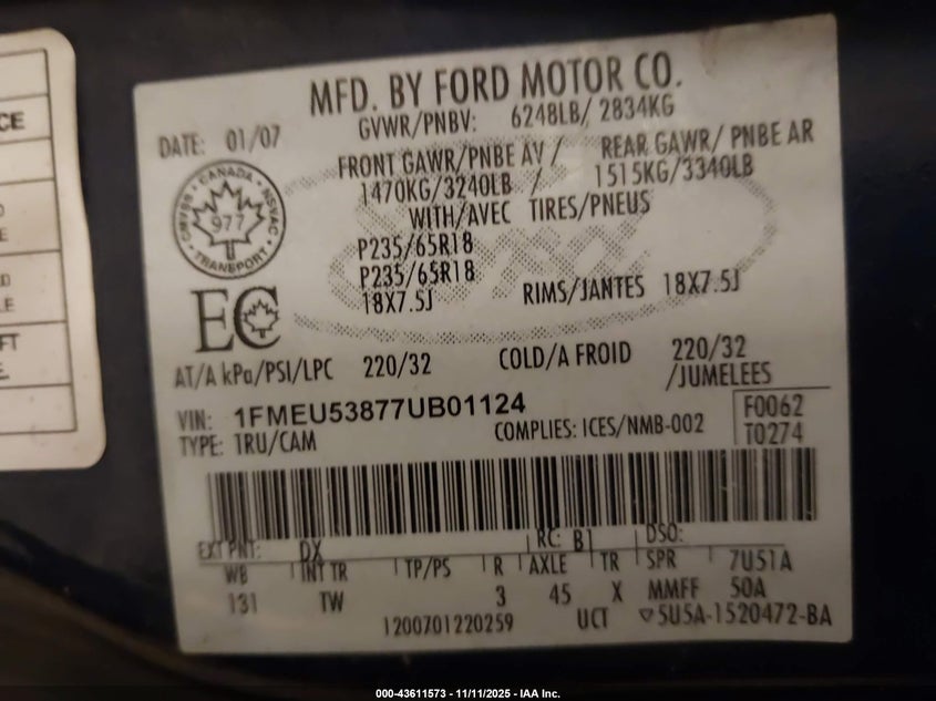 1FMEU53877UB01124 2007 FORD EXPLORER SPORT TRAC photo no. 9