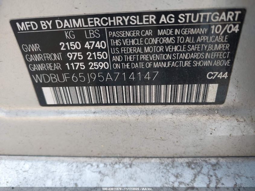 2005 Mercedes-Benz E 320 VIN: WDBUF65J95A714147 Lot: 43611578