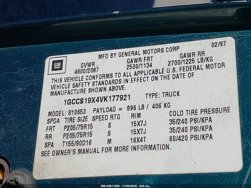 1GCCS19X4VK177921 1997 CHEVROLET S-10 PICKUP photo no. 9