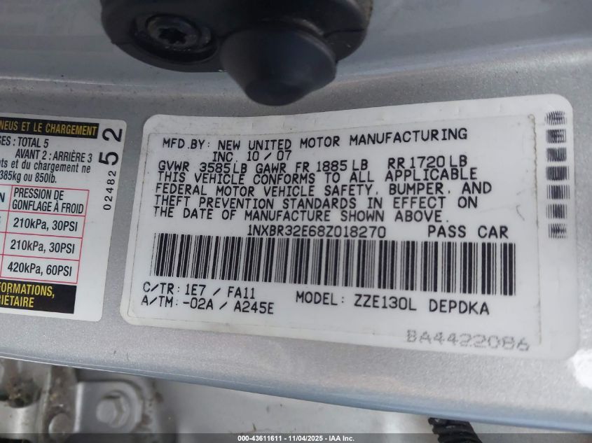 2008 Toyota Corolla Ce VIN: 1NXBR32E68Z018270 Lot: 43611611