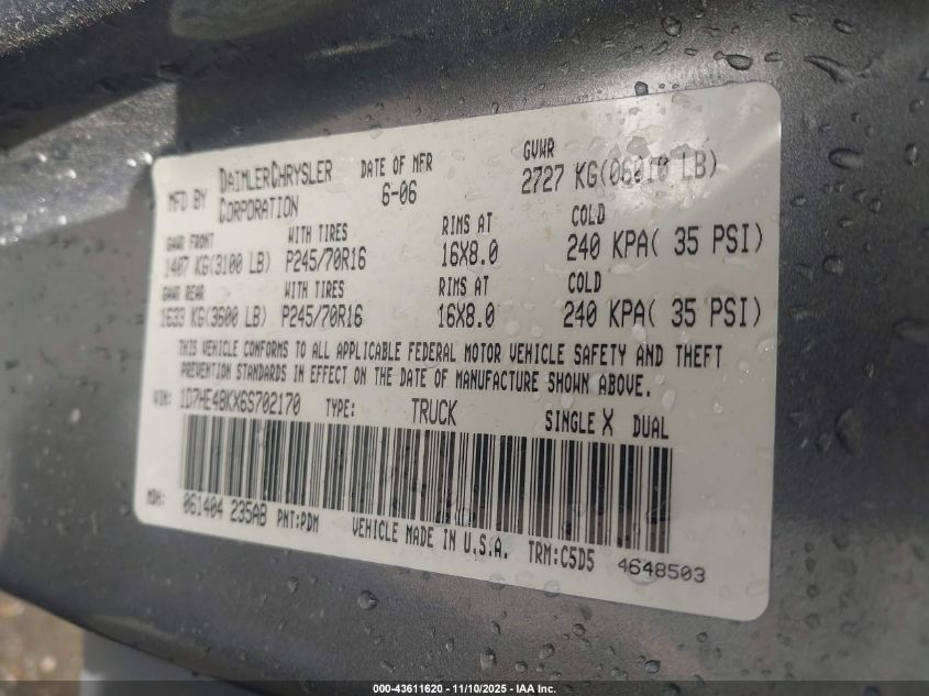 2006 Dodge Dakota Slt VIN: 1D7HE48KX6S702170 Lot: 43611620