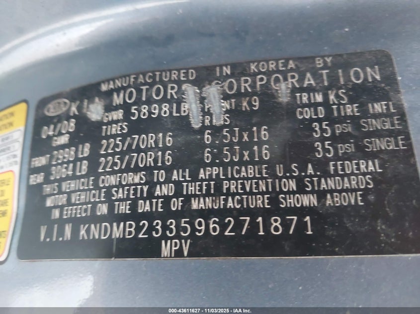 2009 Kia Sedona Lx VIN: KNDMB233596271871 Lot: 43611627