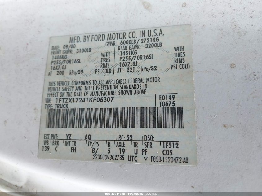 2001 Ford F-150 Xl/Xlt VIN: 1FTZX17241KF06307 Lot: 43611628