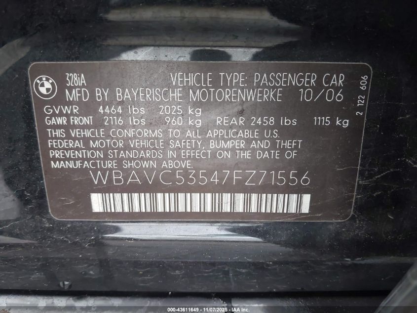 2007 BMW 328I VIN: WBAVC53547FZ71556 Lot: 43611649