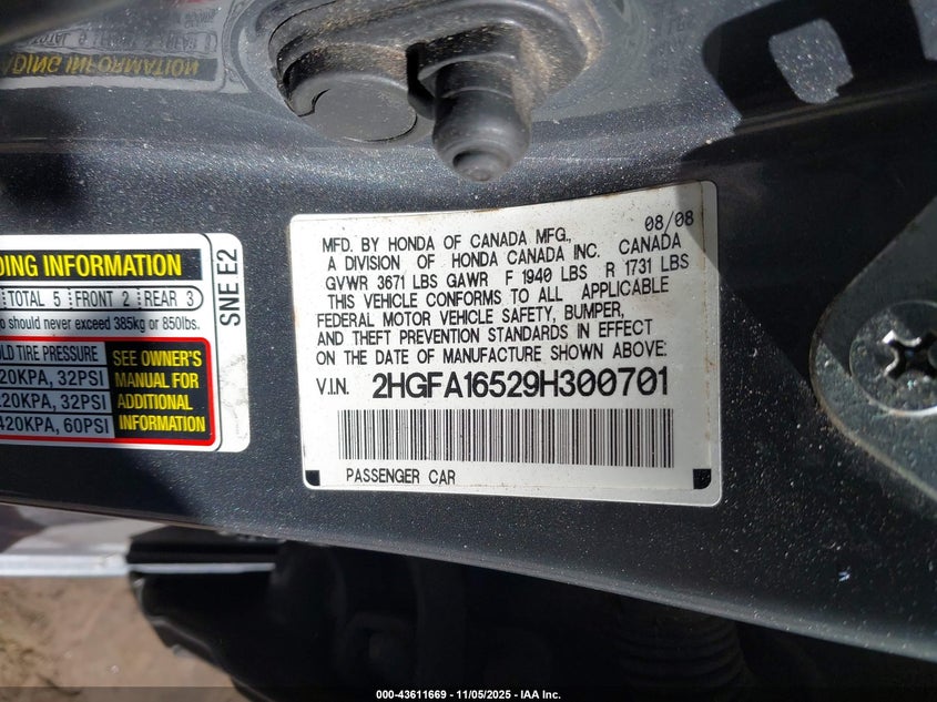 2HGFA16529H300701 2009 HONDA CIVIC photo no. 9