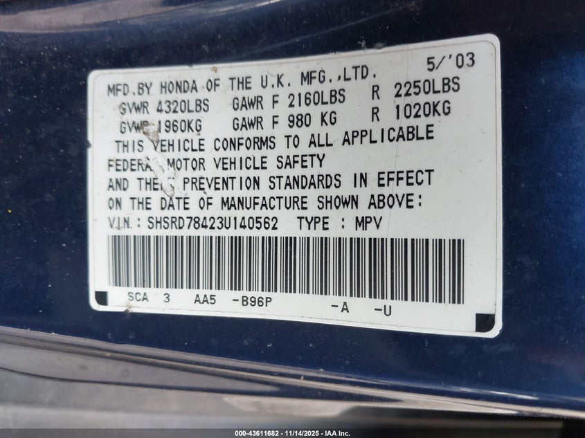 2003 Honda Cr-V Lx VIN: SHSRD78423U140562 Lot: 43611682