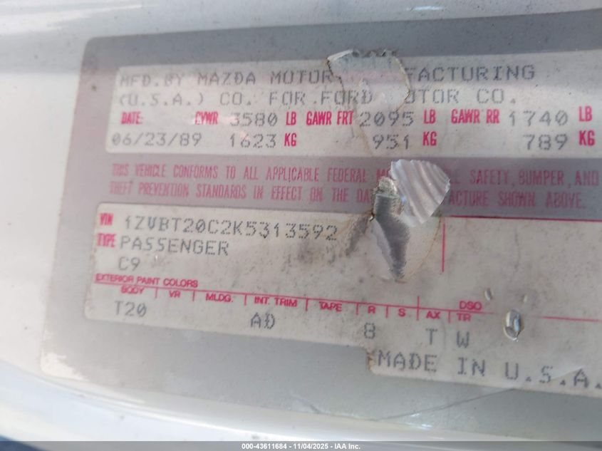 1989 Ford Probe Gl VIN: 1ZVBT20C2K5313592 Lot: 43611684