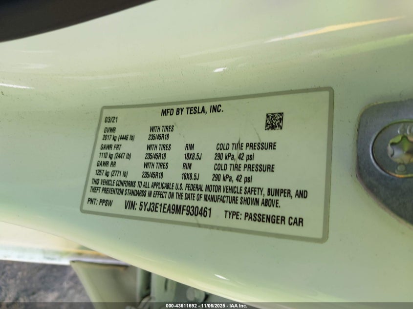 5YJ3E1EA9MF930461 2021 TESLA MODEL 3 photo no. 9