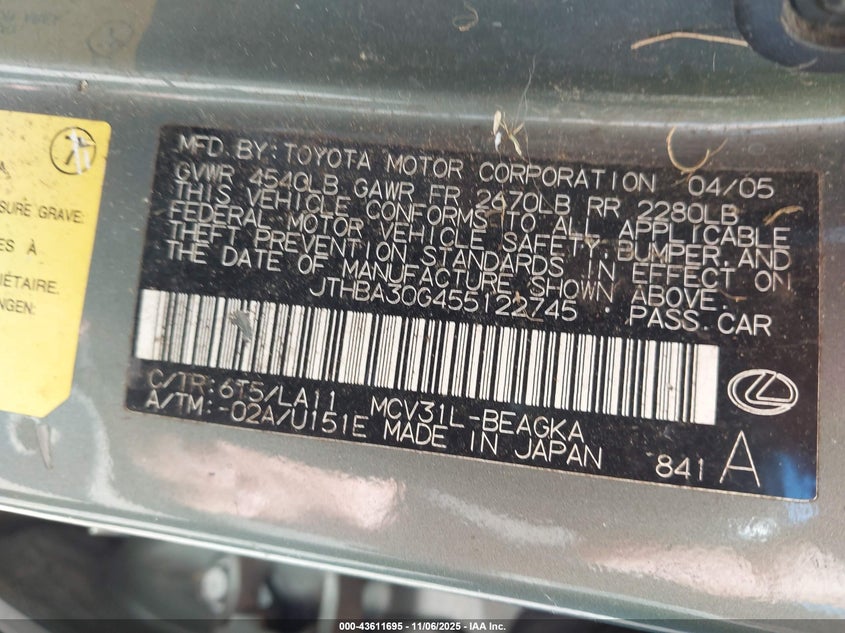 JTHBA30G455122745 2005 LEXUS ES photo no. 9