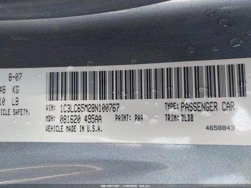 2008 Chrysler Sebring Limited VIN: 1C3LC65M28N100767 Lot: 43611697