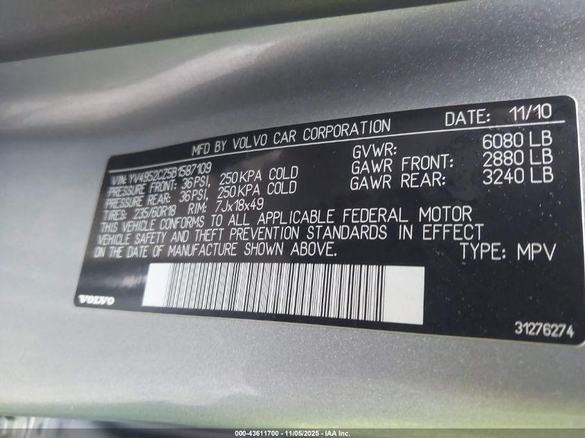 2011 Volvo Xc90 3.2 VIN: YV4952CZ5B1587109 Lot: 43611700