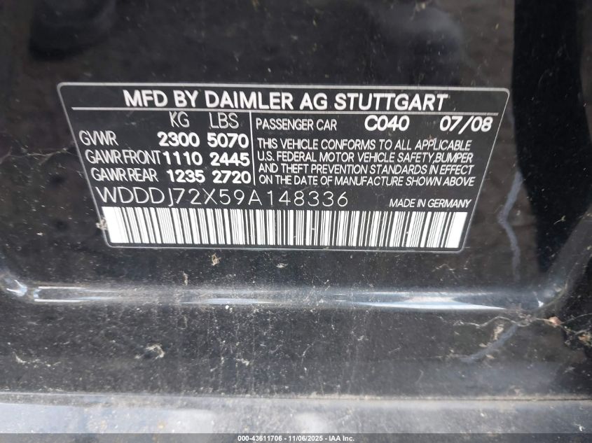 2009 Mercedes-Benz Cls 550 VIN: WDDDJ72X59A148336 Lot: 43611706