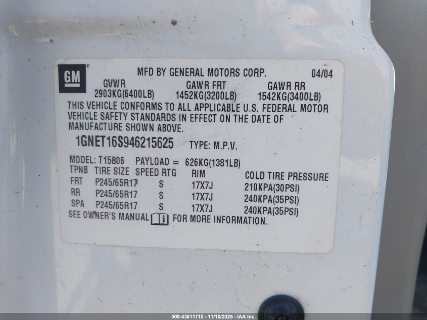 2004 Chevrolet Trailblazer Ext Ls VIN: 1GNET16S946215625 Lot: 43611710