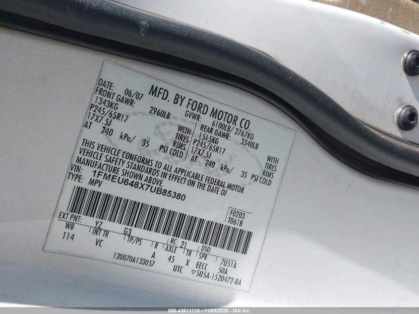 2007 Ford Explorer Eddie Bauer VIN: 1FMEU648X7UB85380 Lot: 43611718