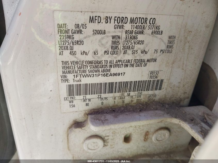 2006 Ford F-350 Lariat/Xl/Xlt VIN: 1FTWW31P16EA96917 Lot: 43611731