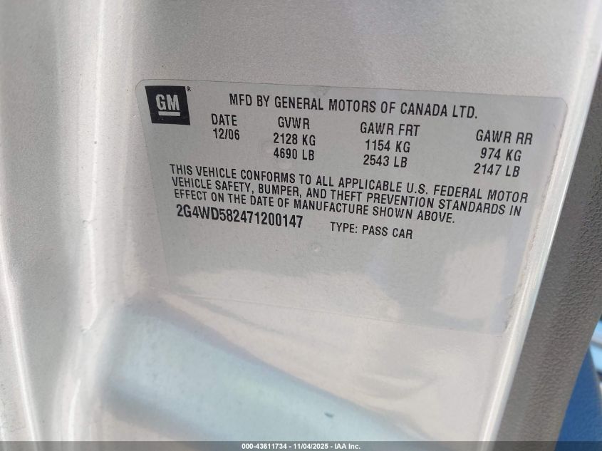 2007 Buick Lacrosse Cxl VIN: 2G4WD582471200147 Lot: 43611734