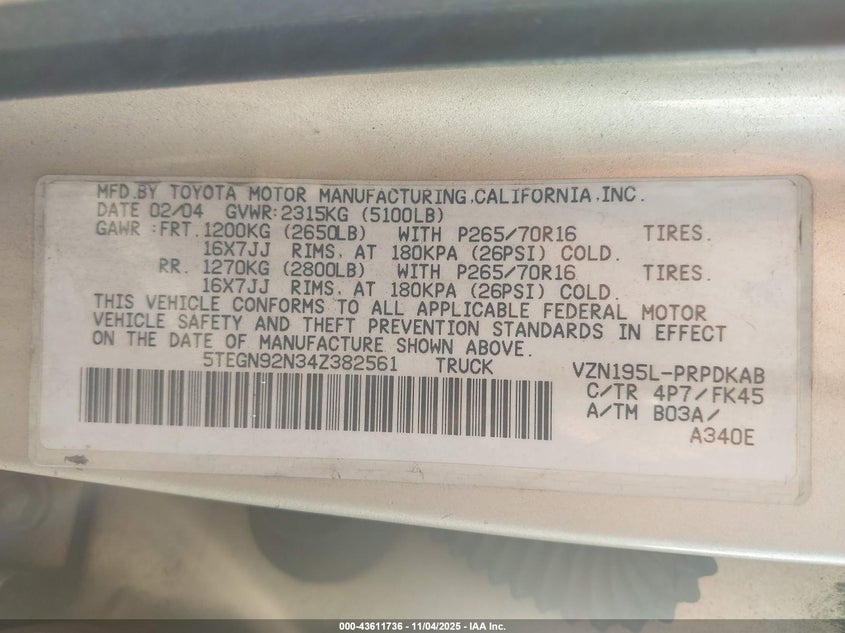 5TEGN92N34Z382561 2004 TOYOTA TACOMA photo no. 9