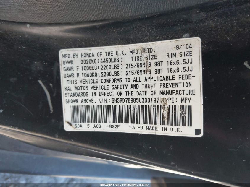 2005 Honda Cr-V Se VIN: SHSRD78985U300197 Lot: 43611740