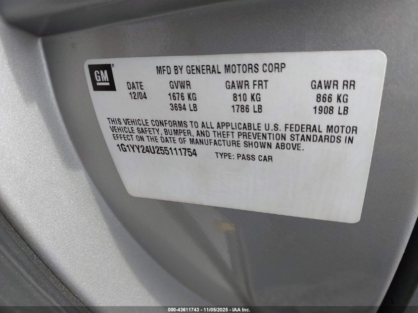 2005 Chevrolet Corvette VIN: 1G1YY24U255111754 Lot: 43611743