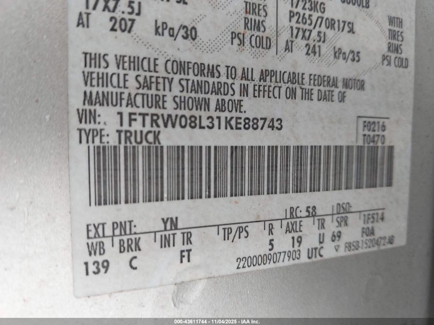 2001 Ford F-150 King Ranch Edition/Lariat/Xlt VIN: 1FTRW08L31KE88743 Lot: 43611744