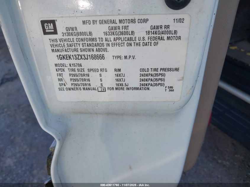 2003 GMC Yukon Slt VIN: 1GKEK13ZX3J168666 Lot: 43611760