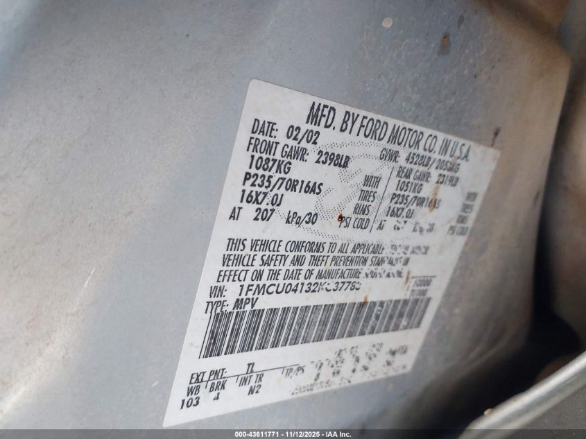 2002 Ford Escape Xlt VIN: 1FMCU04132KC37783 Lot: 43611771