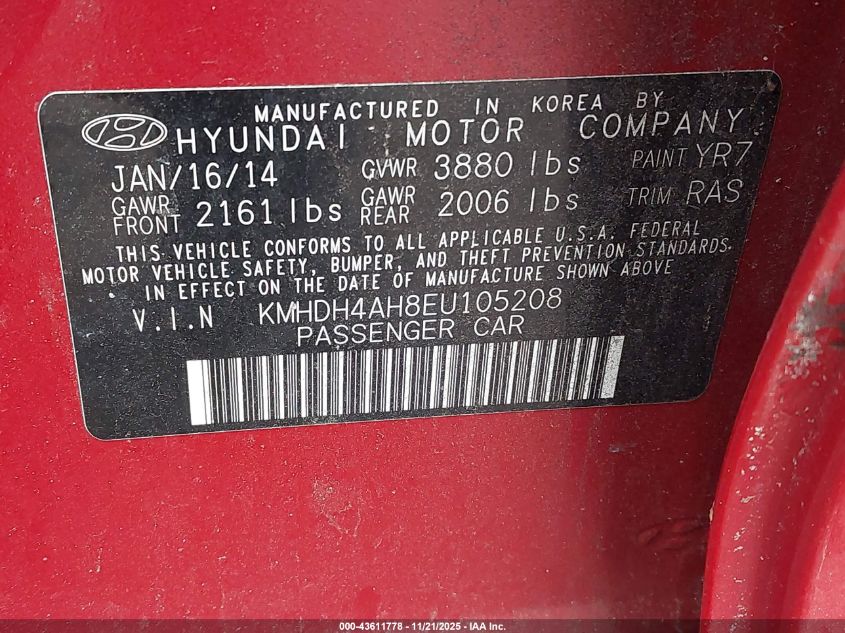 2014 Hyundai Elantra Se/Sport/Limited VIN: KMHDH4AH8EU105208 Lot: 43611778
