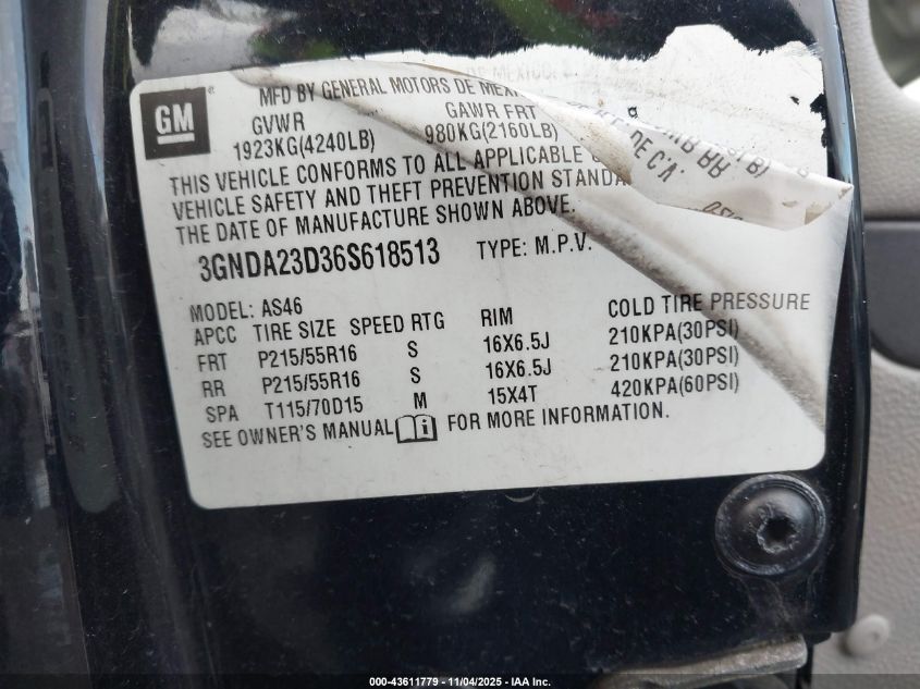 2006 Chevrolet Hhr Lt VIN: 3GNDA23D36S618513 Lot: 43611779