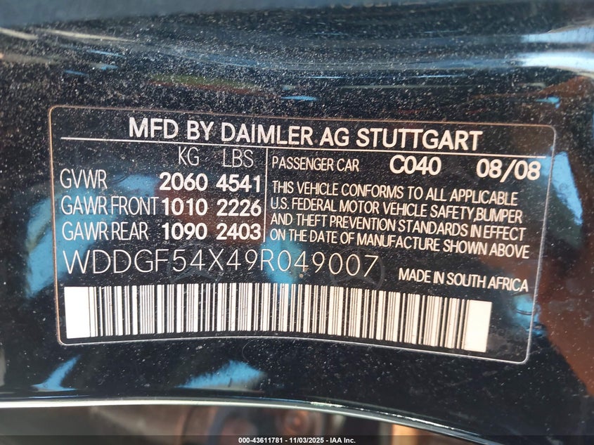 2009 Mercedes-Benz C 300 Luxury/Sport VIN: WDDGF54X49R049007 Lot: 43611781