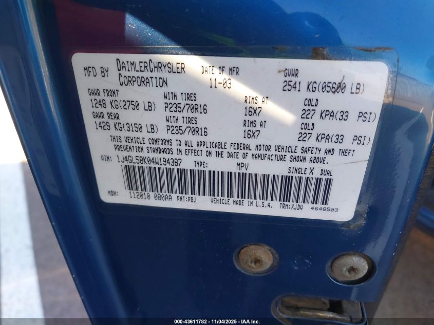 2004 Jeep Liberty Limited Edition VIN: 1J4GL58K04W194387 Lot: 43611782