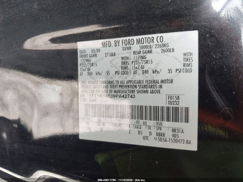 2009 Ford Ranger Sport/Xl/Xlt VIN: 1FTYR14E09PA42743 Lot: 43611790