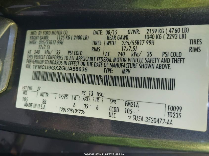 2016 Ford Escape Se VIN: 1FMCU9GX2GUA58635 Lot: 43611803