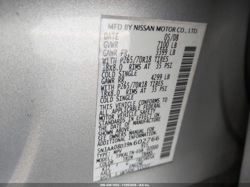 5N1AA08D39N602766 2009 NISSAN ARMADA photo no. 9