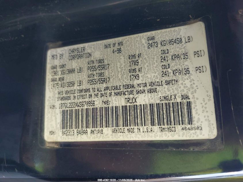 1998 Dodge Dakota Sport VIN: 1B7GL22ZXWS670956 Lot: 43611839