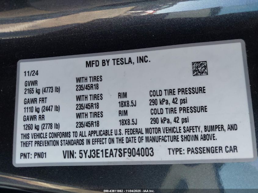 2025 Tesla Model 3 Long Range Rear-Wheel Drive/Standard VIN: 5YJ3E1EA7SF904003 Lot: 43611862