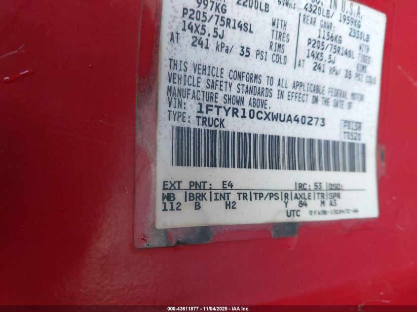 1998 Ford Ranger Splash/Xl/Xlt VIN: 1FTYR10CXWUA40273 Lot: 43611877