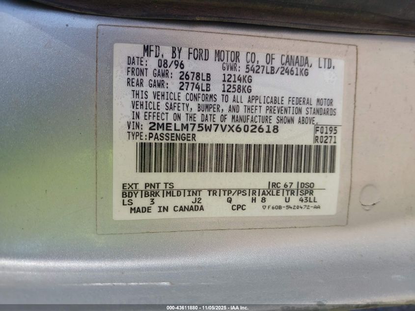 1997 Mercury Grand Marquis Ls VIN: 2MELM75W7VX602618 Lot: 43611880