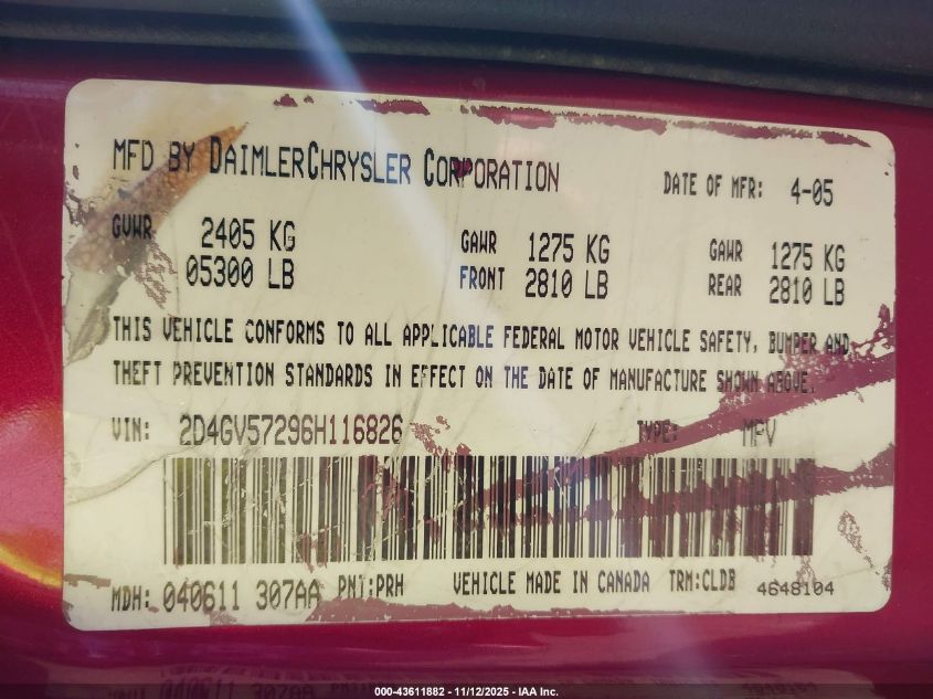 2006 Dodge Magnum Rt VIN: 2D4GV57296H116826 Lot: 43611882