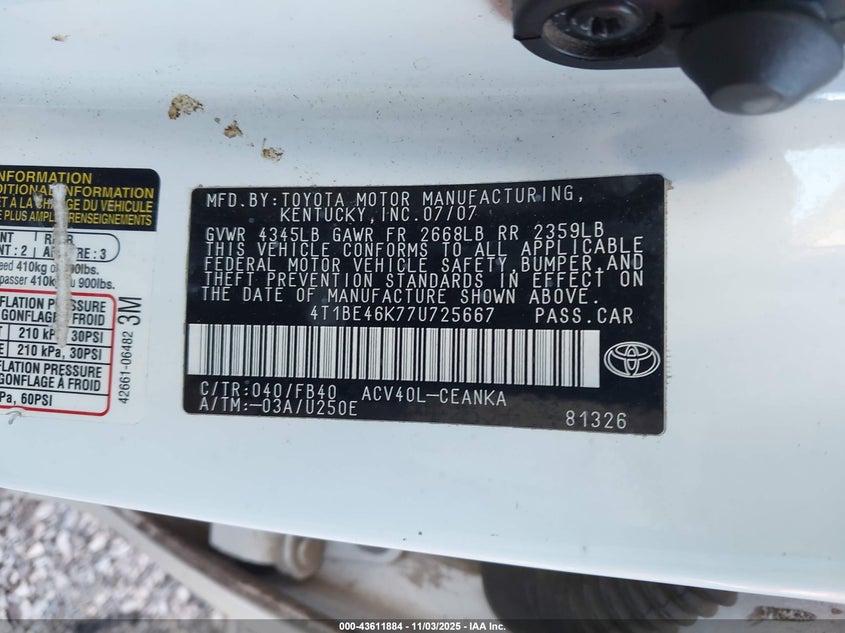 4T1BE46K77U725667 2007 TOYOTA CAMRY photo no. 9