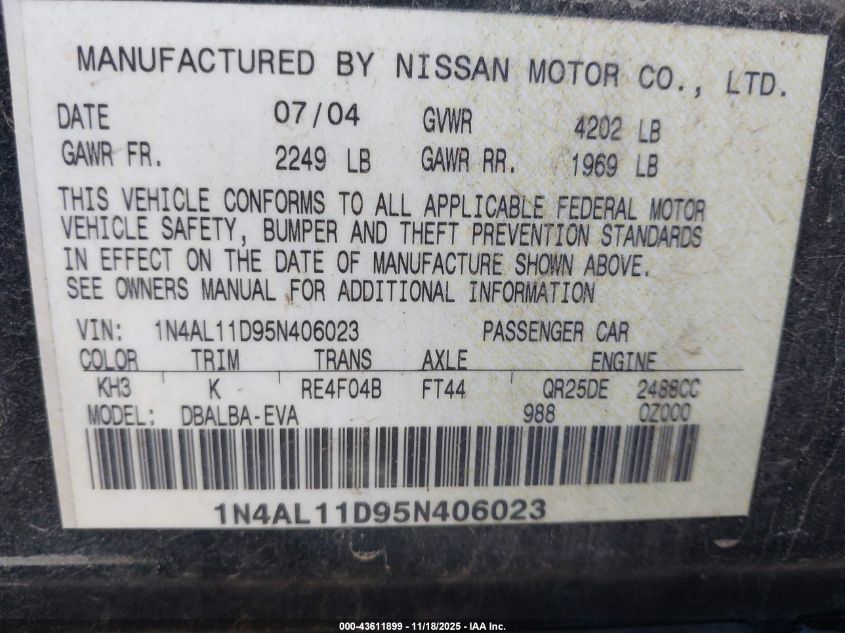 2005 Nissan Altima 2.5 S VIN: 1N4AL11D95N406023 Lot: 43611899