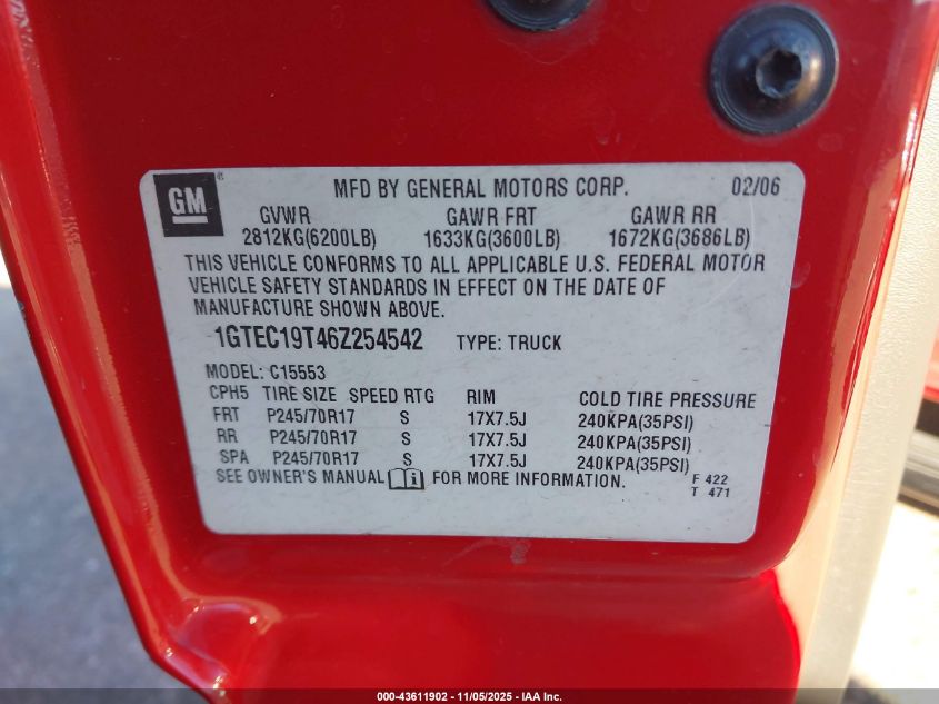2006 GMC Sierra 1500 Sle1 VIN: 1GTEC19T46Z254542 Lot: 43611902