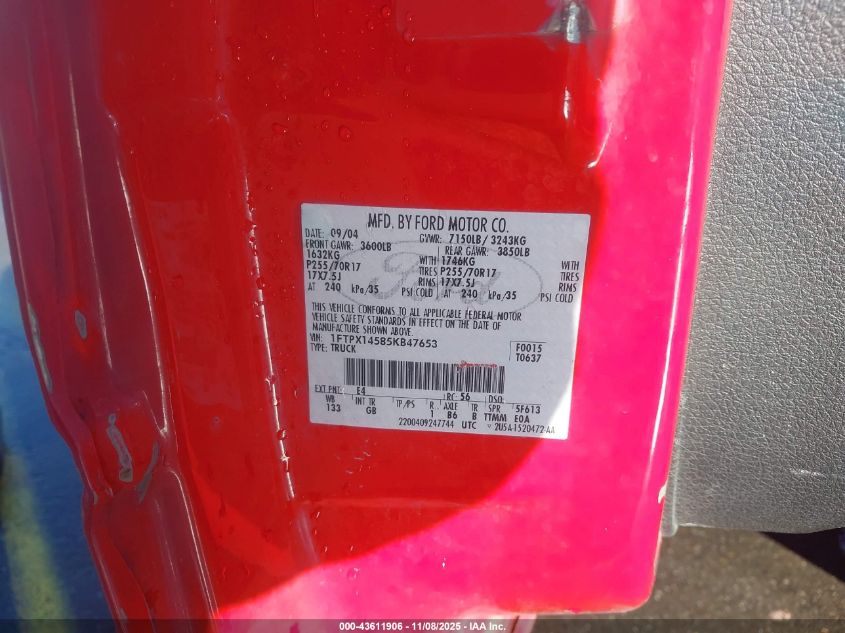2005 Ford F-150 Fx4/Lariat/Xl/Xlt VIN: 1FTPX14585KB47653 Lot: 43611906