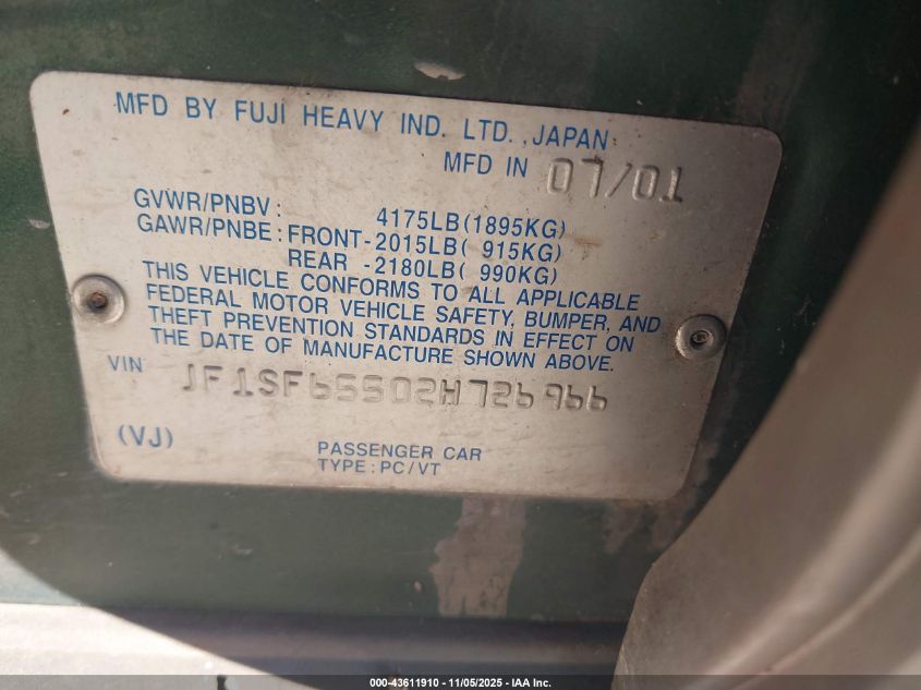 2002 Subaru Forester S VIN: JF1SF65502H726966 Lot: 43611910