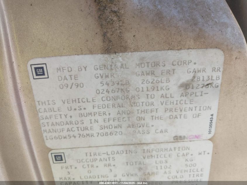 1991 Cadillac Brougham VIN: 1G6DW5476MR708620 Lot: 43611911