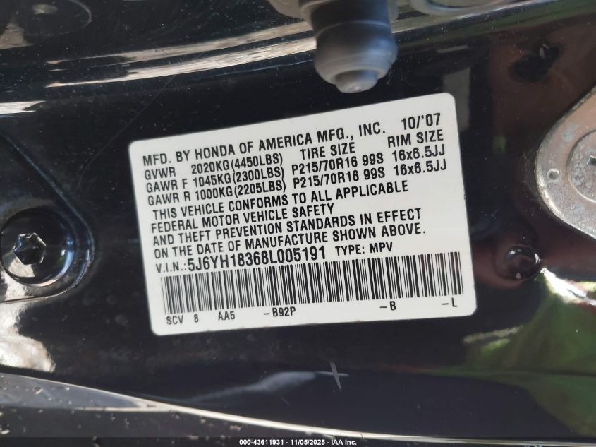 2008 Honda Element Lx VIN: 5J6YH18368L005191 Lot: 43611931