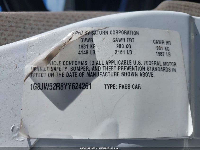 2000 Saturn Ls2 VIN: 1G8JW52R8YY624261 Lot: 43611950