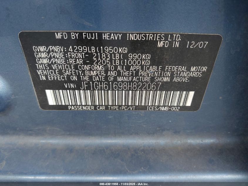 2008 Subaru Impreza 2.5I VIN: JF1GH61698H822067 Lot: 43611958