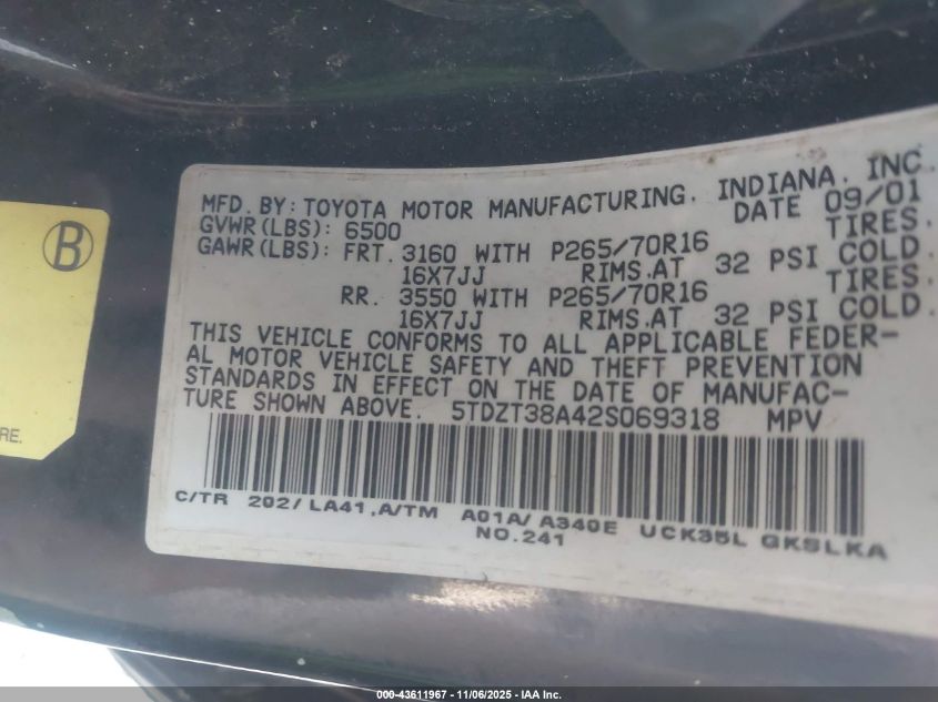 2002 Toyota Sequoia Limited V8 VIN: 5TDZT38A42S069318 Lot: 43611967